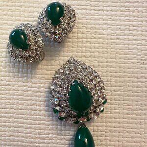 Vintage Austrian Chrysophase & Rhinestone Teardrop Brooch & Earring Set